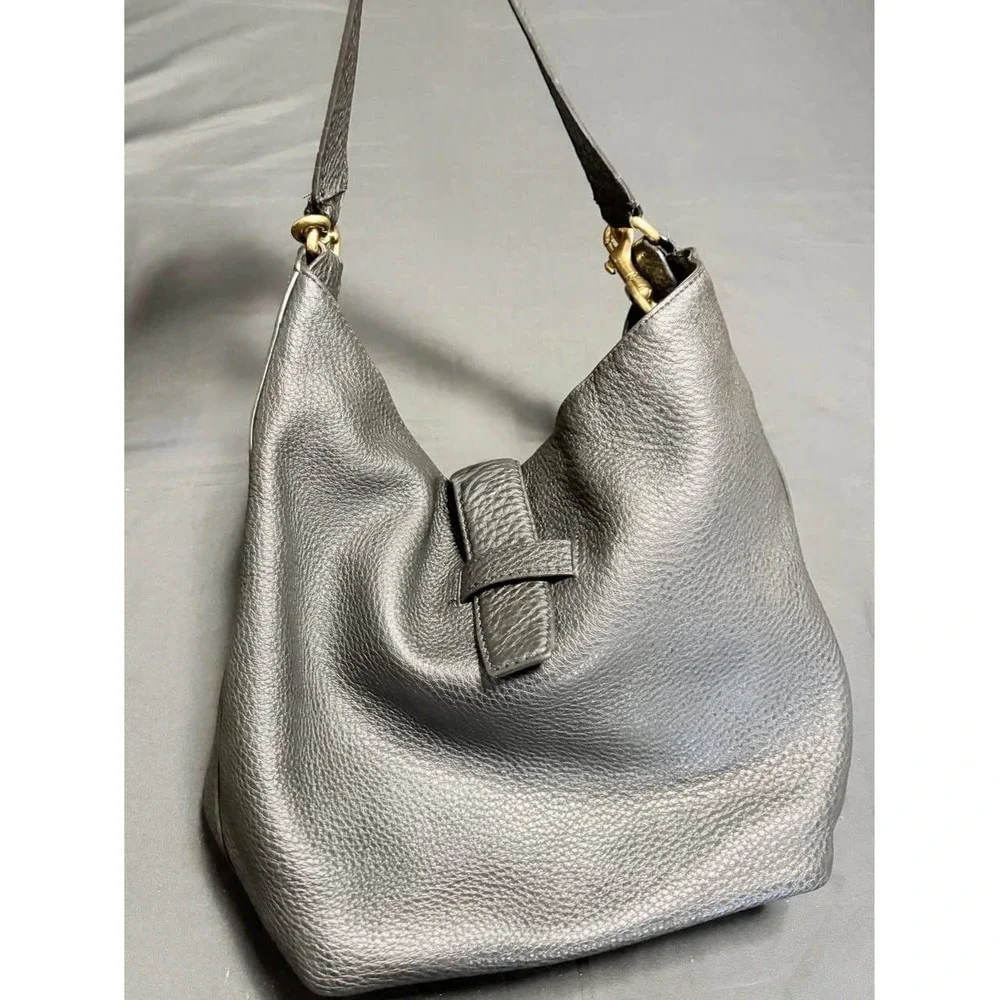 J.Crew Italian Leather Black Pebbled Hobo ShoulderBag SlouchyTote Brass Hardwear
